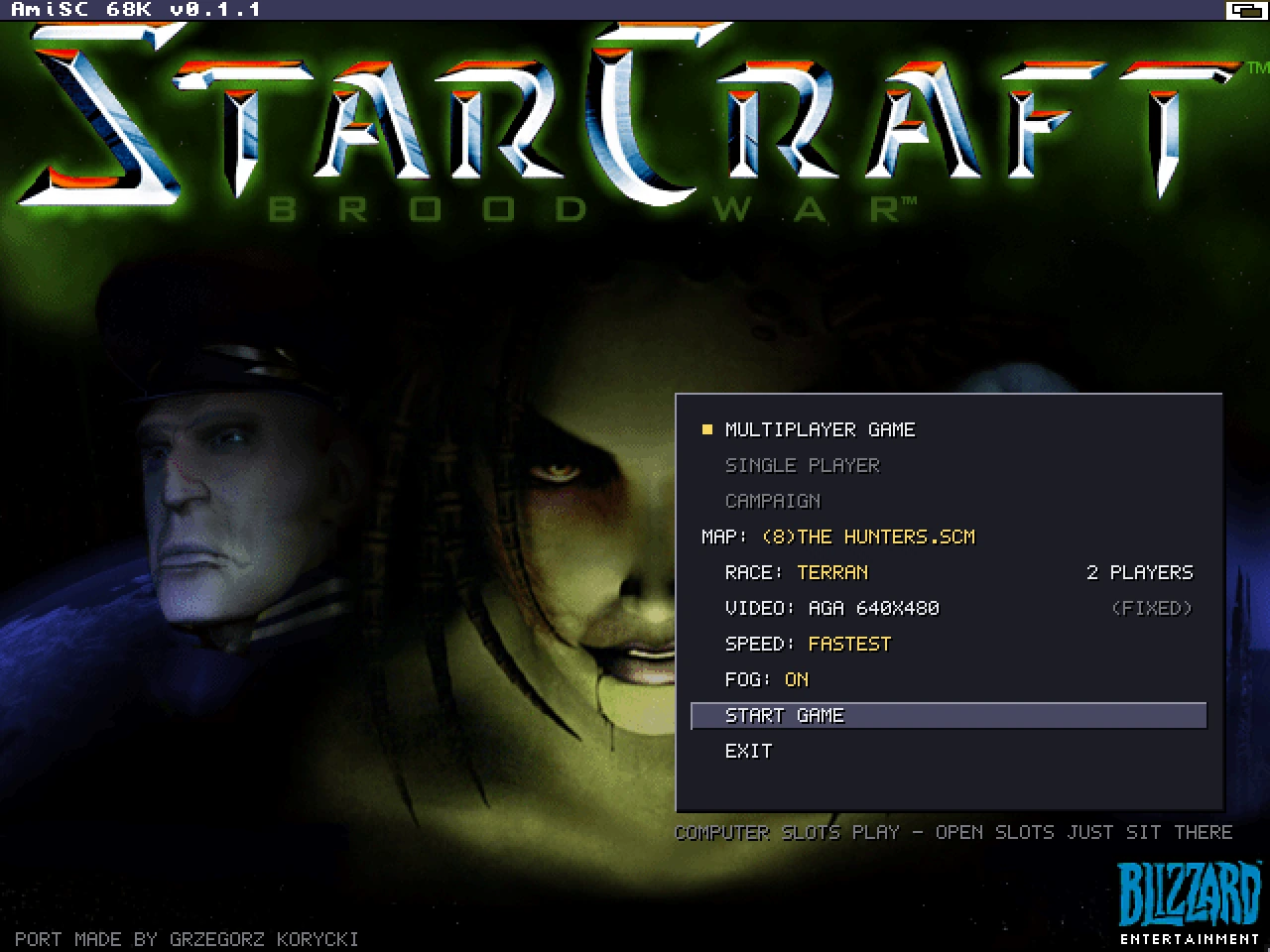 Ekran tytułowy AmiSC 68K z menu startowym portu