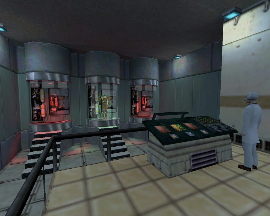 Half-Life: wnętrze kompleksu Black Mesa, trzy podświetlone zbiorniki z okazami, naukowiec w białym kitlu przy konsoli