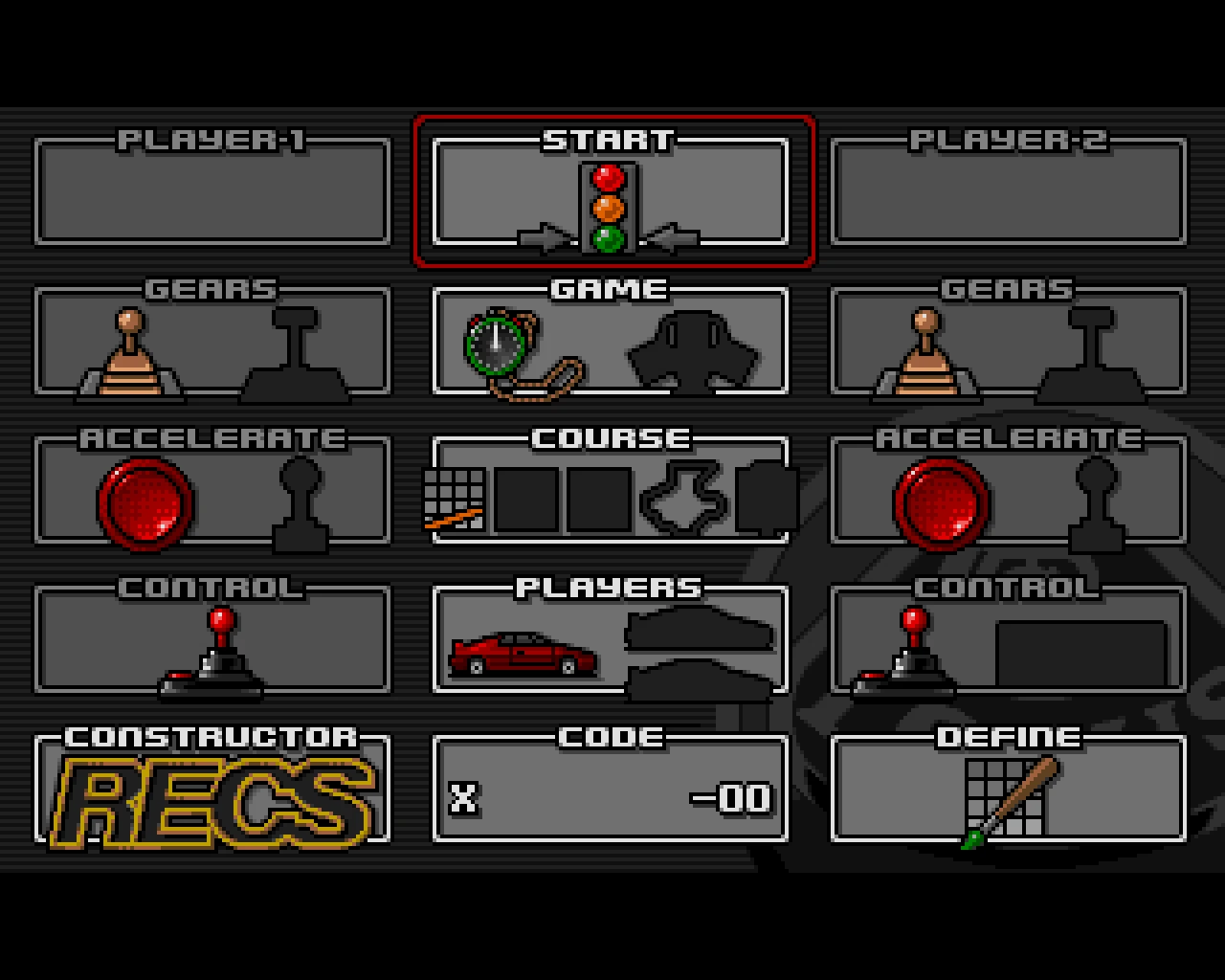 Lotus III — menu główne z konstruktorem RECS i polem na kod trasy