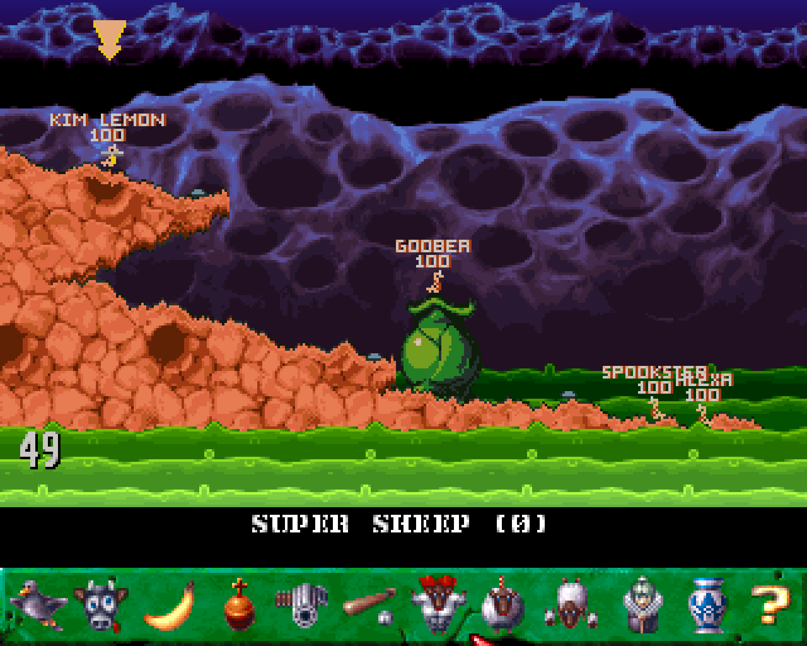 Worms: The Director's Cut — plansza jaskiniowa z sufitem i Super Sheep w locie